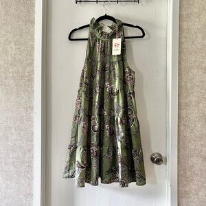 Entro Olive Paisley Halter Back Neck Tie Mini Dress